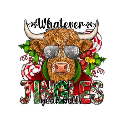 A whimsical holiday design featuring a cool cow wearing sunglasses, surrounded by festive candies and the phrase "Whatever Jingles your bells."DTF Transfersdtf regular irondtf regular iron