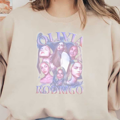 A vibrant collage featuring multiple portraits of a young woman, with the name "Olivia Rodrigo" prominently displayed in a stylish font.DTF Transfers dtf transfers