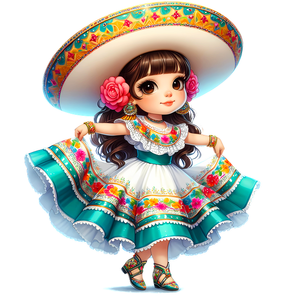 Una encantadora joven con un vibrante vestido tradicional mexicano, adornado con coloridos patrones florales y un gran sombrero.