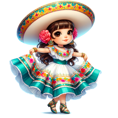 Una encantadora joven con un vibrante vestido tradicional mexicano, adornado con coloridos patrones florales y un gran sombrero.