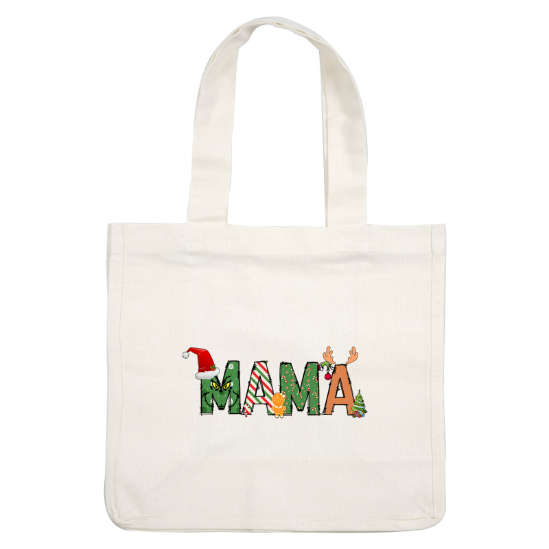 Celebrate the season with this festive "MAMA" design featuring a whimsical mix of holiday characters, colors, and decorations!DTF Transfersdtf regular iron heat press transfers