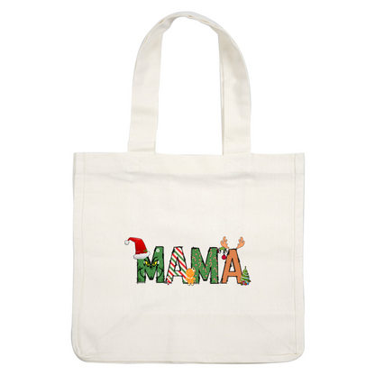 Celebrate the season with this festive "MAMA" design featuring a whimsical mix of holiday characters, colors, and decorations!DTF Transfersdtf regular iron heat press transfers