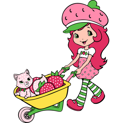 A cheerful girl in a strawberry-themed outfit joyfully pushes a yellow wheelbarrow filled with strawberries and a cute, spotted cat.DTF Transfers