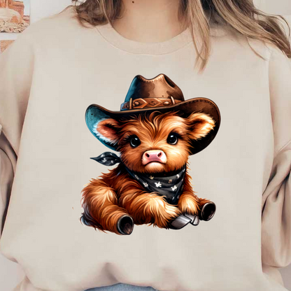 Un simpático ternero de dibujos animados vestido de vaquero, con sombrero y pañuelo, que irradia encanto y extravagancia.