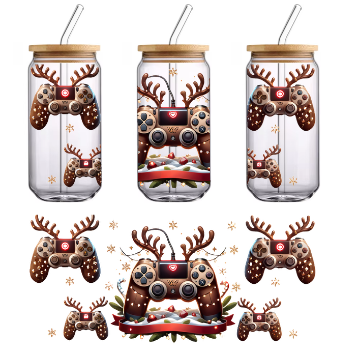 A festive collection of video game controllers adorned with reindeer antlers, set against a snowy background with holiday decorations.UV Transfersdtf regular iron