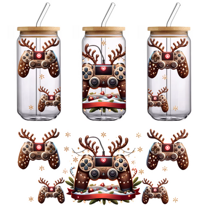 A festive collection of video game controllers adorned with reindeer antlers, set against a snowy background with holiday decorations.UV Transfersdtf regular iron