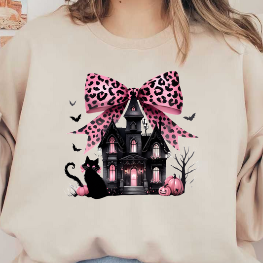 Una extravagante casa embrujada negra adornada con un lazo con estampado de leopardo rosa, calabazas, un gato negro y murciélagos.