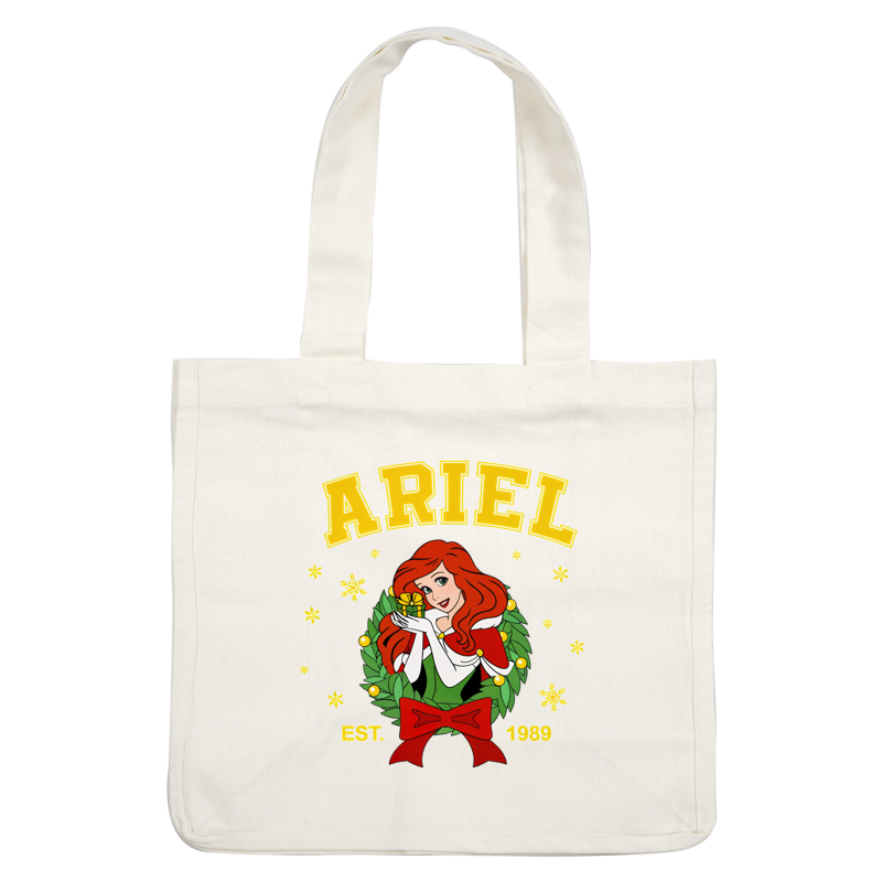 A festive design featuring Ariel with a gift, surrounded by a wreath and stars, celebrating her 1989 debut.DTF Transfers heat press transfersdtf regular iron