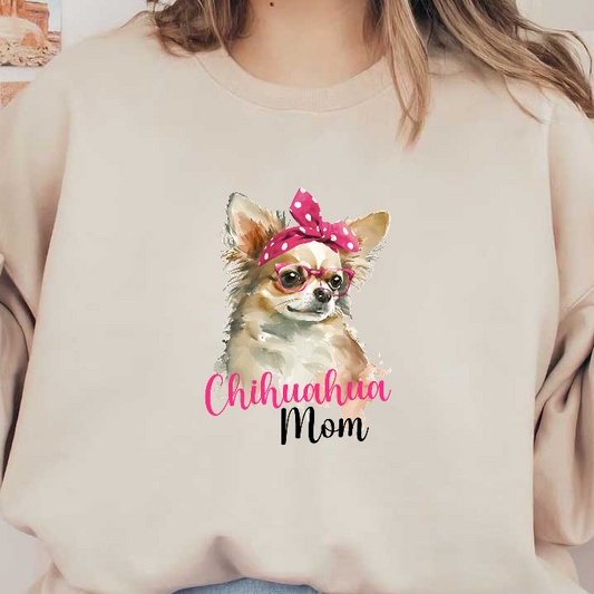 A cute chihuahua with glasses and a polka dot bow on its head.DTF Transfers