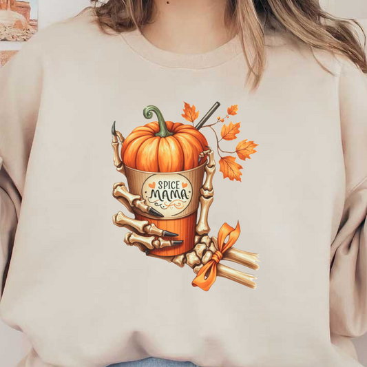 Una ilustración caprichosa que presenta una calabaza vibrante en una maceta con temática de especias, sostenida por manos esqueléticas y adornada con hojas de otoño.