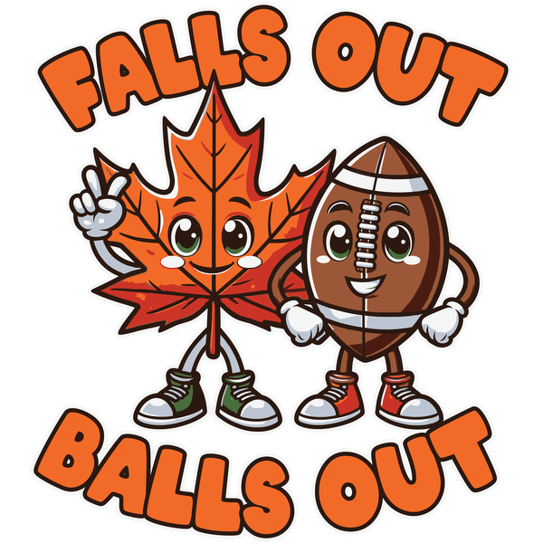 Un alegre diseño de dibujos animados que presenta una hoja sonriente y una pelota de fútbol, ​​con el texto divertido "Falls Out, Balls Out".