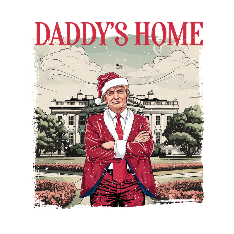 A festive design featuring a character in a Santa suit with the phrase "Daddy's Home," set against a snowy backdrop of a grand building.DTF Transfersdtf regular iron heat press transfers