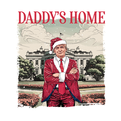 A festive design featuring a character in a Santa suit with the phrase "Daddy's Home," set against a snowy backdrop of a grand building.DTF Transfersdtf regular iron heat press transfers