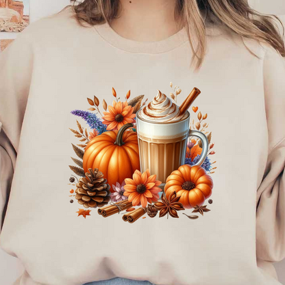 Una acogedora escena otoñal con un café con leche espumoso con especias de calabaza rodeado de calabazas vibrantes y flores coloridas, perfecto para el otoño.