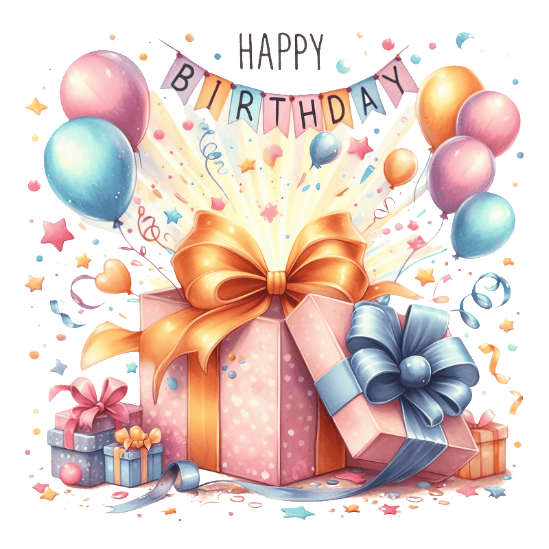 Celebrate in style with this vibrant birthday illustration featuring beautifully wrapped gifts, colorful balloons, and festive decorations!DTF Transfers
