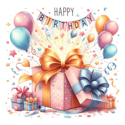 Celebrate in style with this vibrant birthday illustration featuring beautifully wrapped gifts, colorful balloons, and festive decorations!DTF Transfers