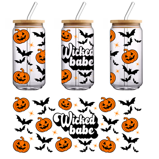 A festive Halloween-themed background featuring cheerful, grinning orange pumpkins and bright, star-like decorations.UV Transfers heat press transfers