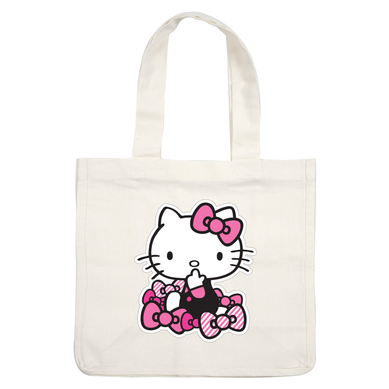 A playful illustration of Hello Kitty surrounded by colorful bows, showcasing her iconic design with a cheerful black and pink outfit.DTF Transfers