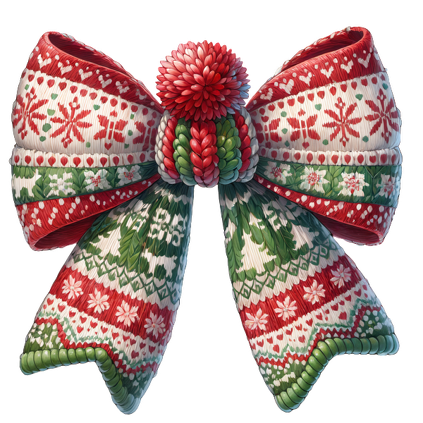 Festively patterned in red, green, and white, this large Christmas bow features intricate holiday designs and a fluffy pom-pom center. dtf prints