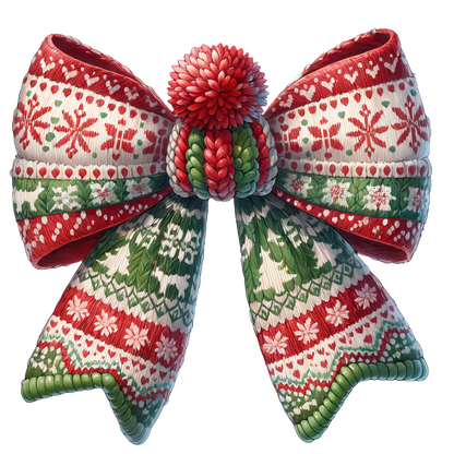 Festively patterned in red, green, and white, this large Christmas bow features intricate holiday designs and a fluffy pom-pom center. dtf prints