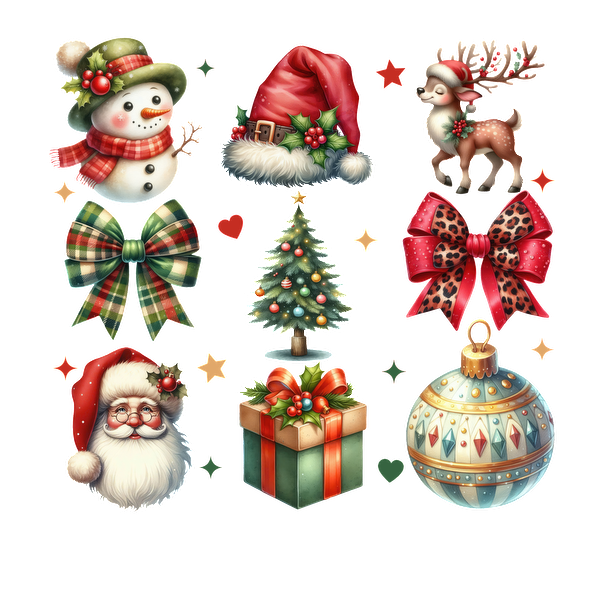 Cheerful collection of holiday-themed illustrations featuring a snowman, reindeer, Christmas tree, Santa, gift, bows, and ornaments. heat press transfers