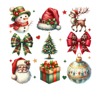 Cheerful collection of holiday-themed illustrations featuring a snowman, reindeer, Christmas tree, Santa, gift, bows, and ornaments. heat press transfers