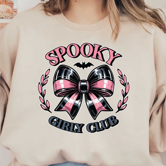 A vibrant, playful graphic featuring a black and pink bow, surrounded by decorative elements, with the text "Spooky Girly Club." dtf transfers