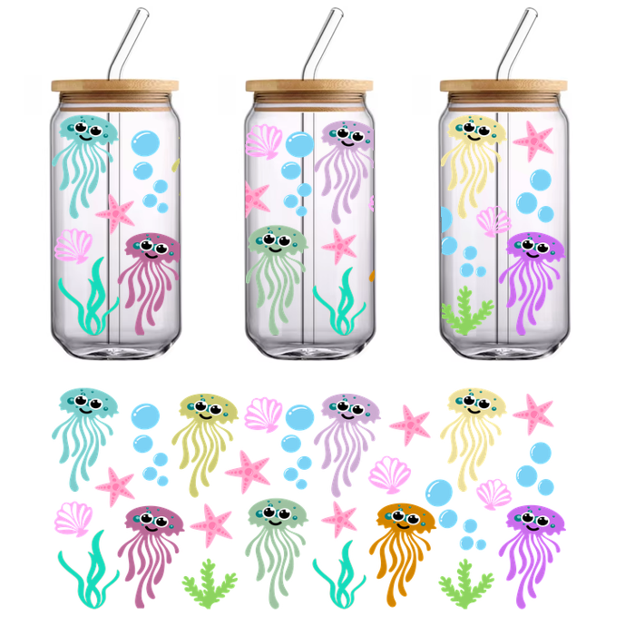 A playful underwater scene featuring colorful, cartoon-style jellyfish, starfish, and seashells surrounded by bubbles and seaweed.UV Transfers dtf prints