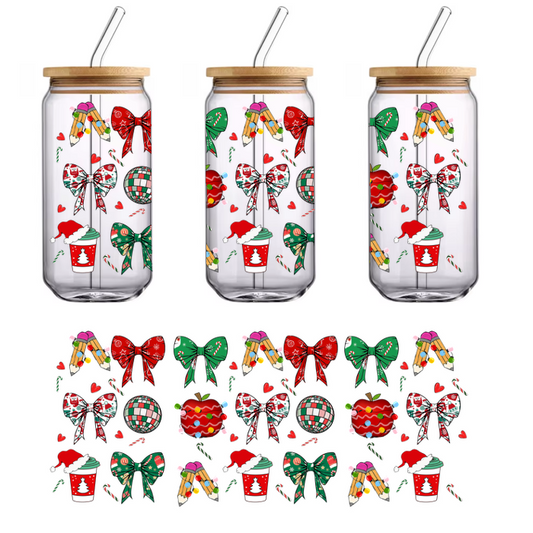 A festive collection of colorful Christmas motifs, including bows, ornaments, and holiday-themed accessories, perfect for holiday decorating.UV Transfers heat press transfers