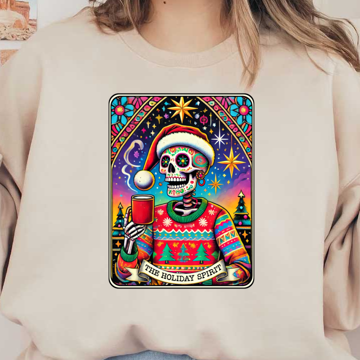 Una ilustración vibrante y festiva de una calavera de azúcar con un suéter colorido y un gorro de Papá Noel, sosteniendo una bebida caliente.