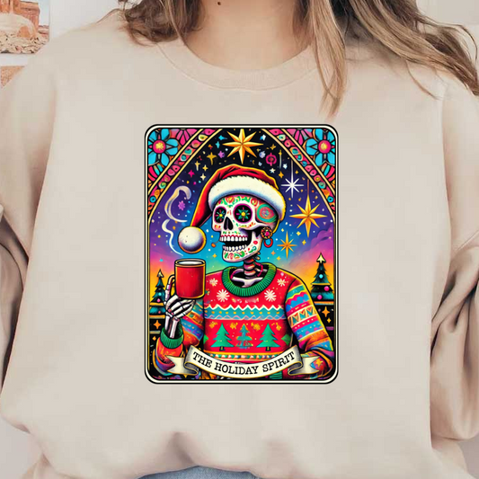 Una ilustración vibrante y festiva de una calavera de azúcar con un suéter colorido y un gorro de Papá Noel, sosteniendo una bebida caliente.