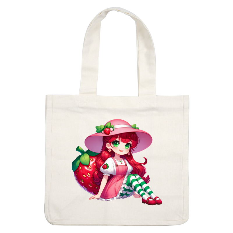 A whimsical character with long pink hair, wearing a strawberry-themed dress, green-and-white striped stockings, and a large pink hat.DTF Transfers