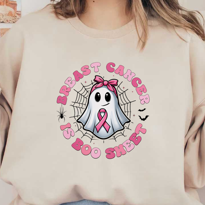 A whimsical ghost wearing a pink bow and ribbon promotes breast cancer awareness with the playful slogan "Breast Cancer is Boo Sheet."DTF Transfersdtf regular iron