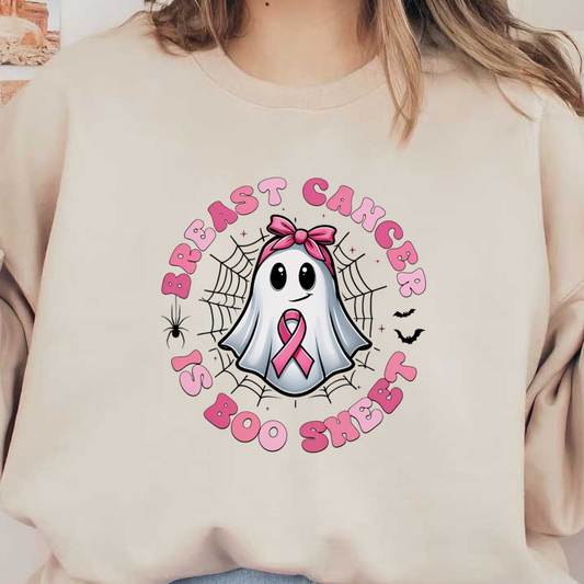 A whimsical ghost wearing a pink bow and ribbon promotes breast cancer awareness with the playful slogan "Breast Cancer is Boo Sheet."DTF Transfersdtf regular iron