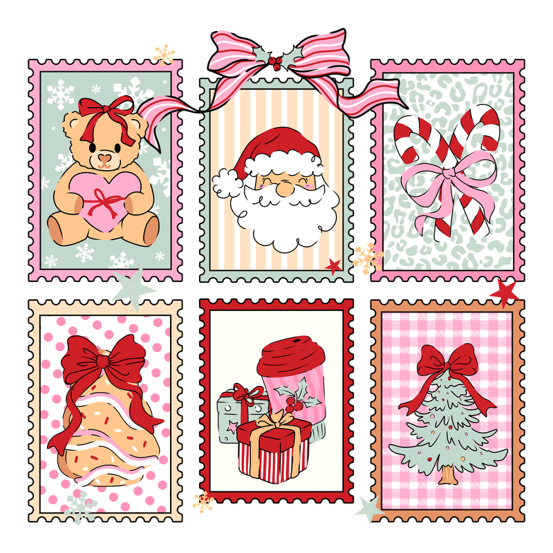 A cheerful collection of six festive stamps featuring holiday symbols and characters.DTF Transfers
