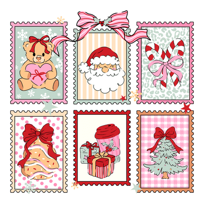A cheerful collection of six festive stamps featuring holiday symbols and characters.DTF Transfers