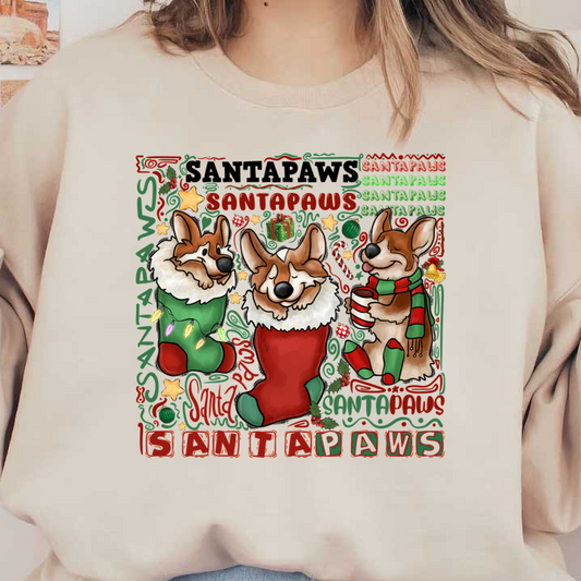 A festive illustration featuring adorable corgis dressed in holiday attire, surrounded by colorful stockings, ornaments, and cheerful text.DTF Transfers heat press transfers