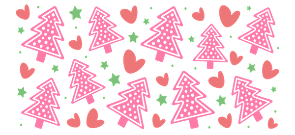 A playful pattern featuring pink Christmas trees, green stars, and red hearts, perfect for festive decorations or holiday crafts.UV Transfers heat press transfers