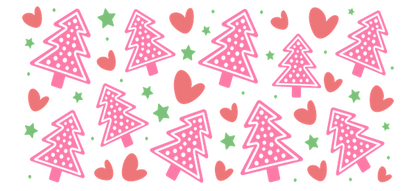 A playful pattern featuring pink Christmas trees, green stars, and red hearts, perfect for festive decorations or holiday crafts.UV Transfers heat press transfers