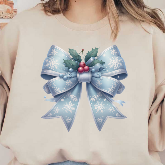 A beautifully designed blue bow adorned with snowflakes, holly, and berries, perfect for holiday decorations. dtf transfers