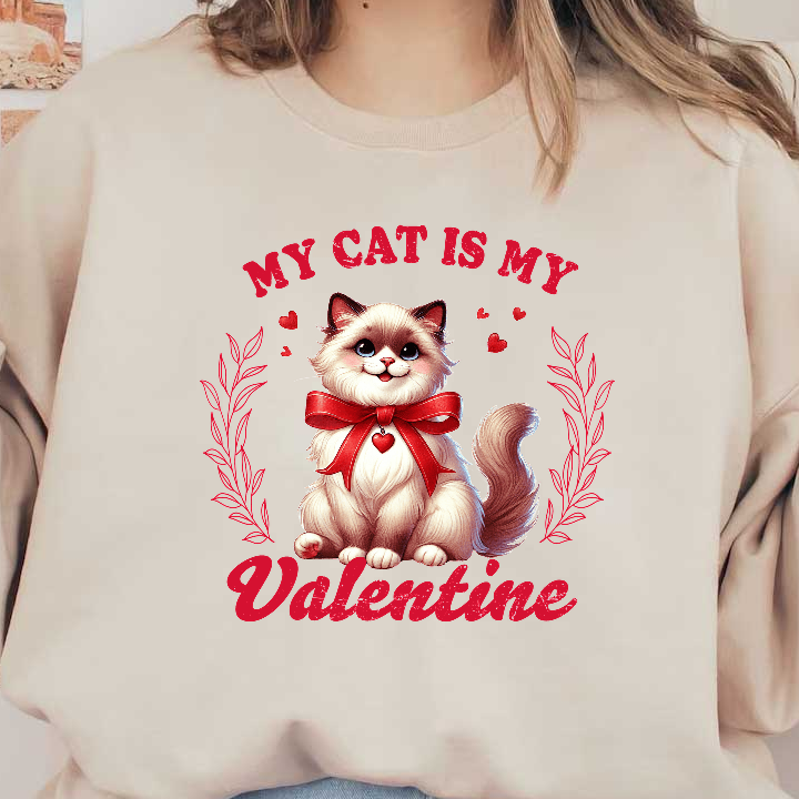 Celebrate your love for cats with this cute graphic featuring a fluffy feline adorned with a red bow and hearts!DTF Transfers