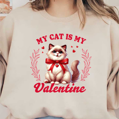 Celebrate your love for cats with this cute graphic featuring a fluffy feline adorned with a red bow and hearts!DTF Transfers