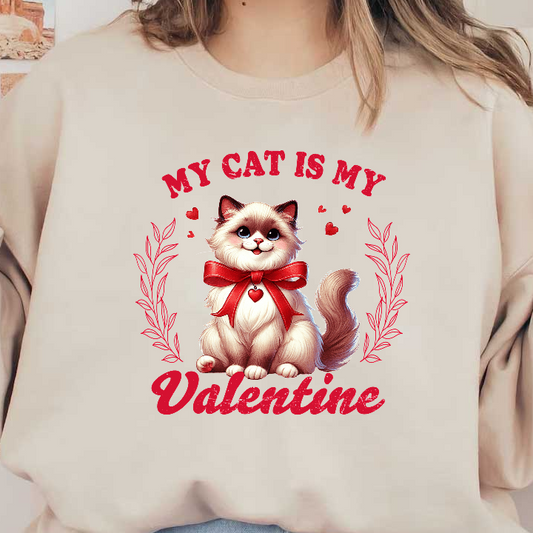 Celebrate your love for cats with this cute graphic featuring a fluffy feline adorned with a red bow and hearts!DTF Transfers