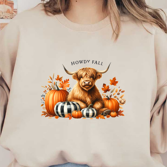 Una encantadora ilustración que presenta una vaca de las Highlands rodeada de calabazas otoñales y hojas coloridas, con "Howdy Fall" encima.