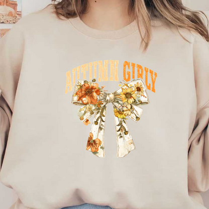 Un diseño caprichoso con temática otoñal que presenta un lazo decorativo adornado con flores vibrantes y el texto "AUTUMN GIRLY".