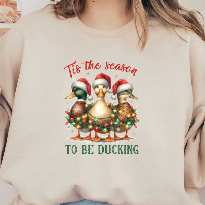 Festive ducks in Santa hats are adorned with Christmas lights and greenery, perfect for the holiday season!dtf regular iron