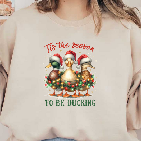 Festive ducks in Santa hats are adorned with Christmas lights and greenery, perfect for the holiday season!dtf regular iron