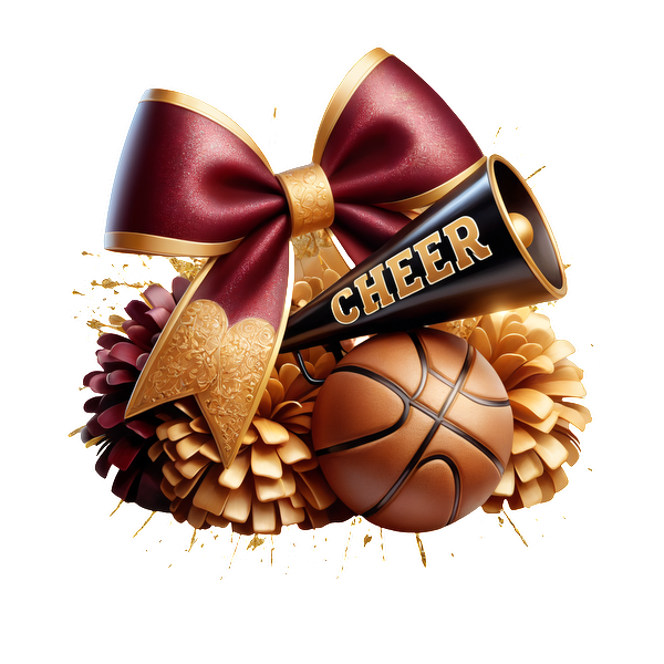 A vibrant cheerleading design featuring a megaphone, a basketball, and a decorative bow, perfect for sports enthusiasts.DTF Transfers dtf prints