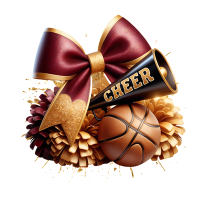 A vibrant cheerleading design featuring a megaphone, a basketball, and a decorative bow, perfect for sports enthusiasts.DTF Transfers dtf prints