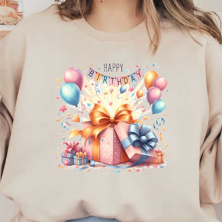 Celebrate in style with this vibrant birthday illustration featuring beautifully wrapped gifts, colorful balloons, and festive decorations!DTF Transfers